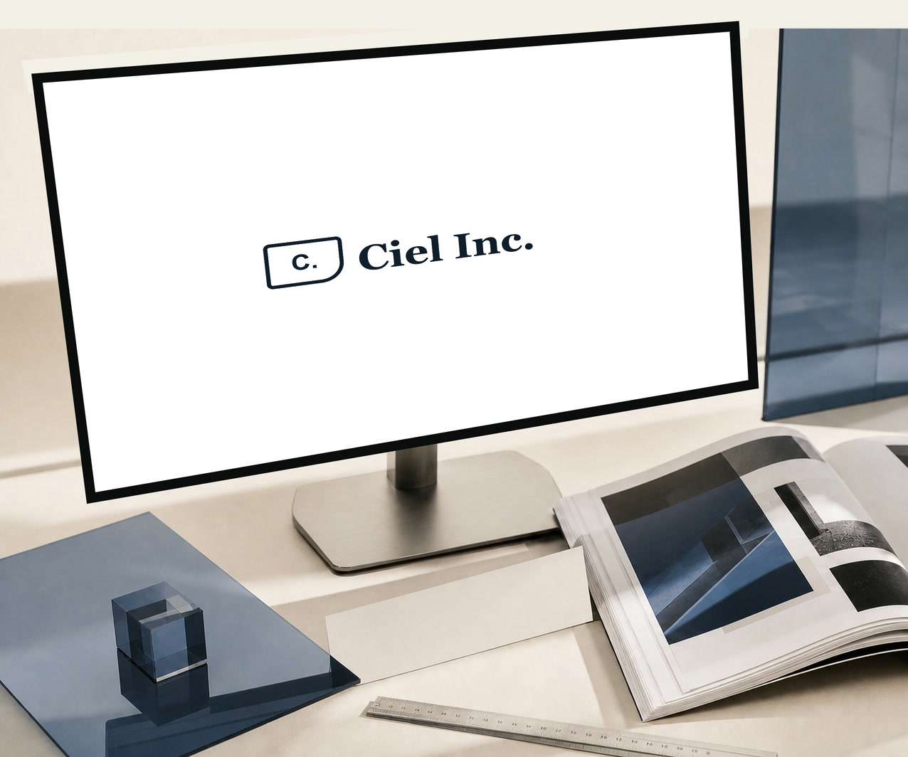 均一なベクター黒枠の画面全面にCiel Inc.ロゴだけを表示するモニター